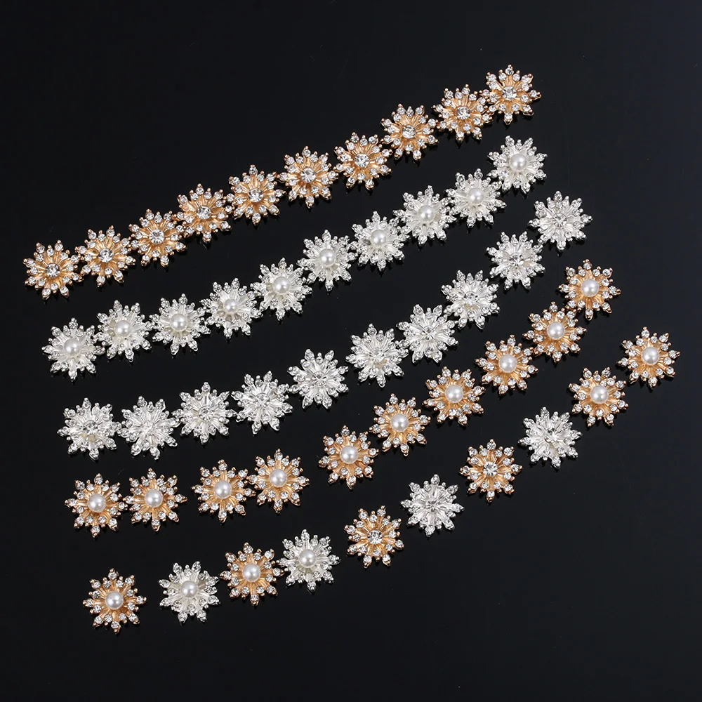 10PCS 16mm Snowflake Rhinestone Buttons Flatback Plating Pearl Hairpin Apparel Sewing Buckle DIY Craft Clothing Decoration Tool