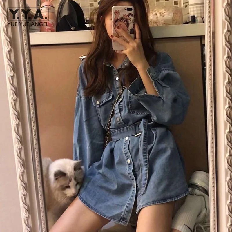 Loose Vintage Fit Shirt Dress High Street Long Sleeve Single Breasted Sashes Denim Dress Casual Female Pocket Lapel Mini Dresses