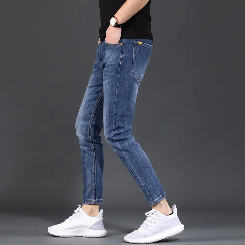 Men Stretch Blue Jeans Summer Thin Slim Fit Ankle-Length Pencil Pants Fashion Korean Style Pure Color Denim Trousers