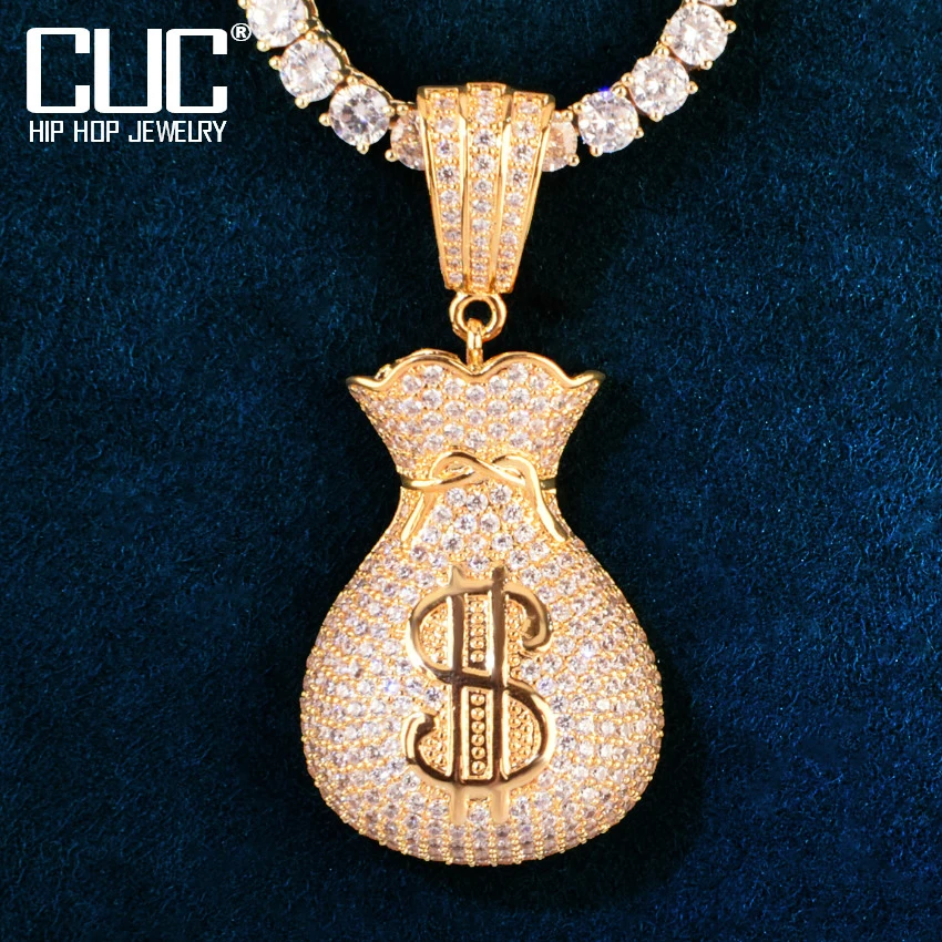 Gold Color Dollar Bag Pendant For Men Hip Hop Necklace Chain Micro Pave Zircon Rock Rapper Jewelry