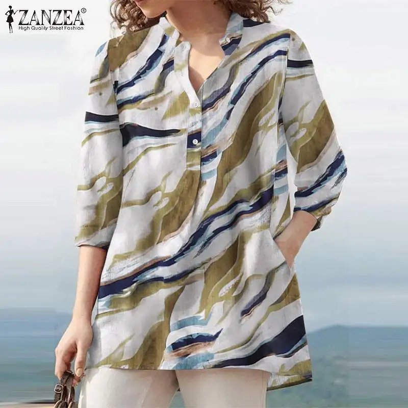 ZANZEA-Blusa con estampado Floral para mujer, camisa bohemia de manga 2023 para vacaciones, blusa informal para fiesta, 3/4