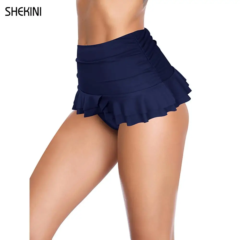 SHEKINI Women\'s Swim Skirt Summer High Waisted Built-in Bottom Shirred Ruffle Skirt Solid Shorts Ruched Tummy Control Swimsuit