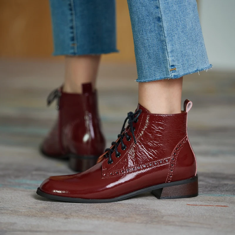 Quality Women Genuine Leather Ankle Boots Round Toe Lace Up Riding Boots Warm 2020 Autumn Winter New Nigh Club Punk Shoes Woman
