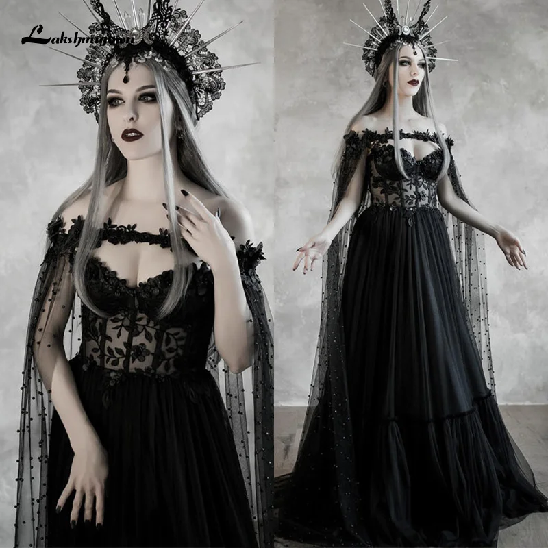 Lakshmigown – robe de mariée noire style gothique, robe fantaisie, tenue de mariage, avec corsage Corset, pour Halloween