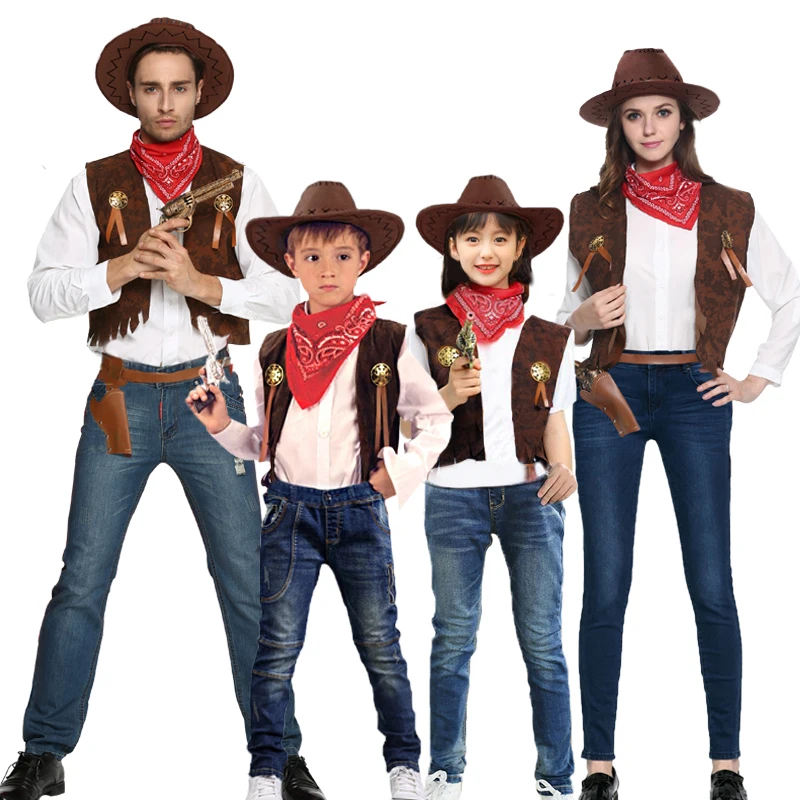 Kostum Cosplay Koboi Anak-anak Dewasa Pakaian Syal Topi Rompi Cowgirl Mewah Barat Liar Anak Laki-laki Wanita Pesta Halloween