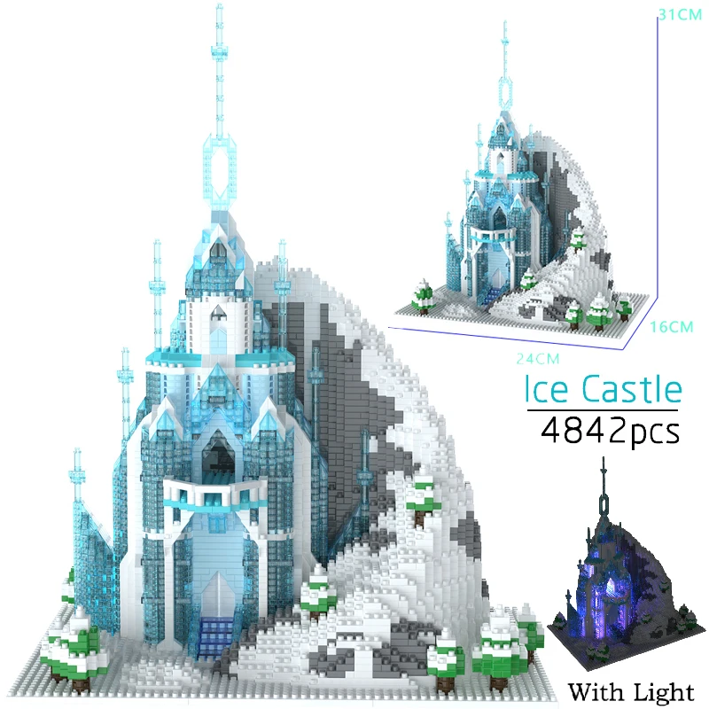 MOC 4842Pcs Friend Micro Particle Ice Castle With LED Light Model Princess Building Blocks Bricks Christmas Toys for Girls Gifts