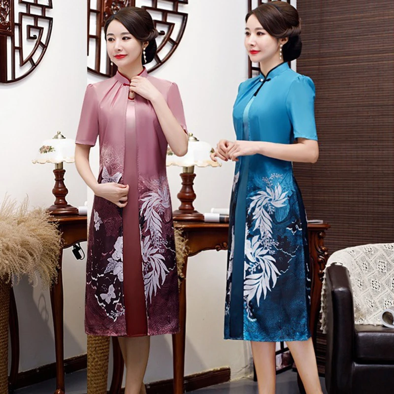 Fashion mother loose casual Ao Dai cheongsam women Chinese dress cheongsam middle-aged and old Ao Dai cheongsam skirt daily wear