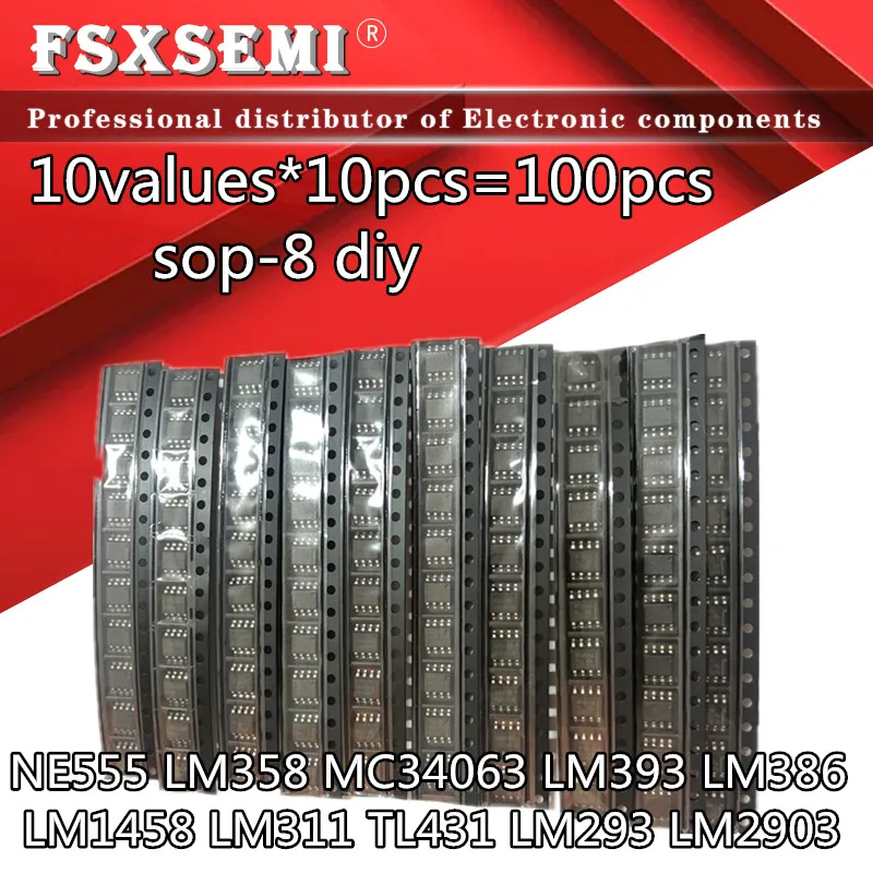 10Values*10pcs=100pcs NE555 LM358 MC34063 LM393 LM386 LM1458 LM311 TL431 LM293 LM2903 SOP8 Amplifier Circuit  IC