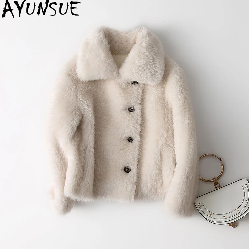 

AYUNSUE Winter Short 100% Real Fur Coat Women's Clothes Sheep Shearing Jacket Famale White Fur Coats Casual Manteau Femme 1181