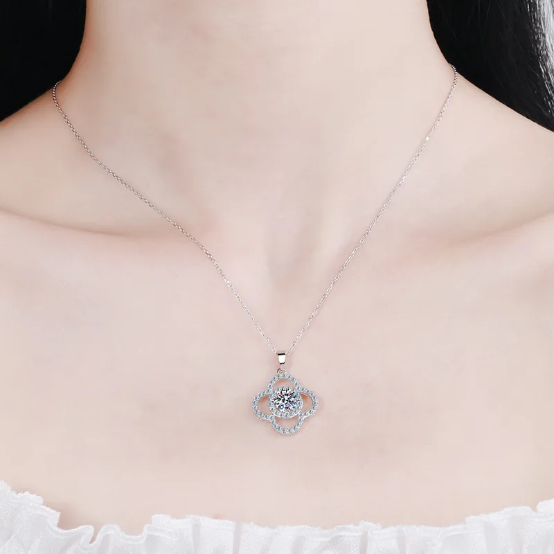 Colliers de la présidence de la Moissanite pour femme, 100% véritable, plaqué or 14 carats, argent regardé, fleur, pendentif, Noël, anniversaire, cadeau de mariage