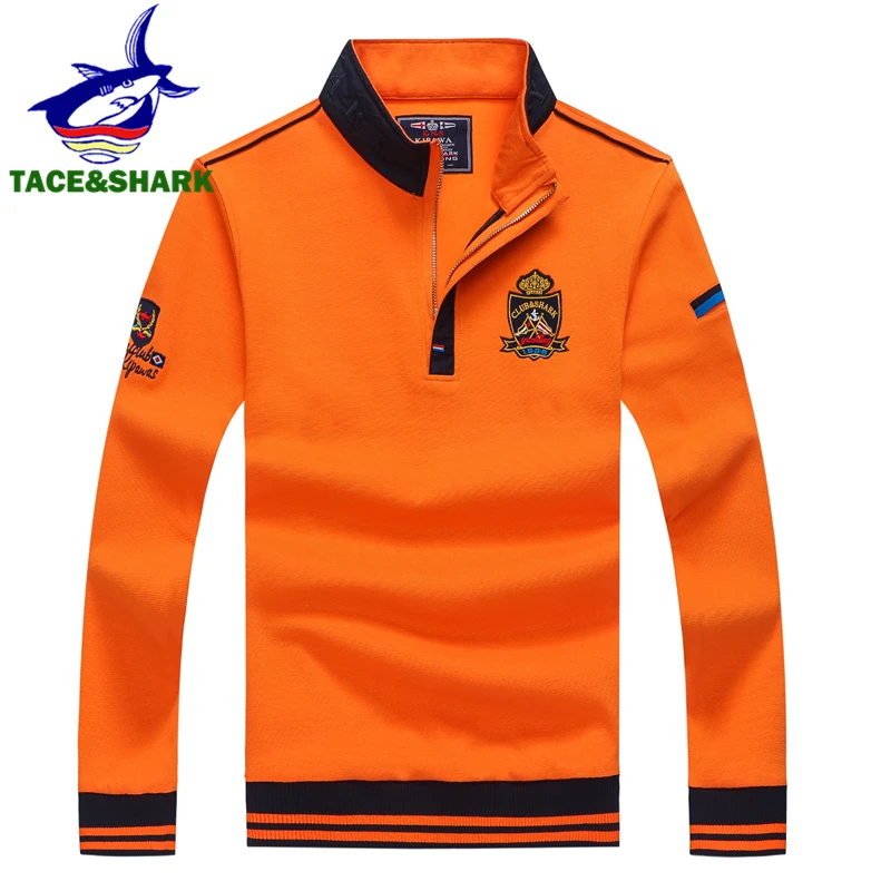 TACE&SHARK Orange Long Sleeve Polo Shirt Mens Half Zipper Brands Shark Casual Men Pullover Embroidery Business Polo Shirt 2019