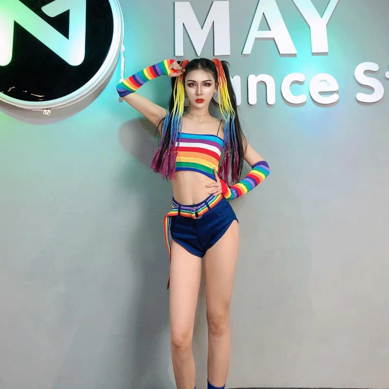 

Female Pole Dance Clothing Nightclub Gogo Dancer Stage Performance Rainbow Colors Suit Girls Group Festival Rave Outfits DQL5647