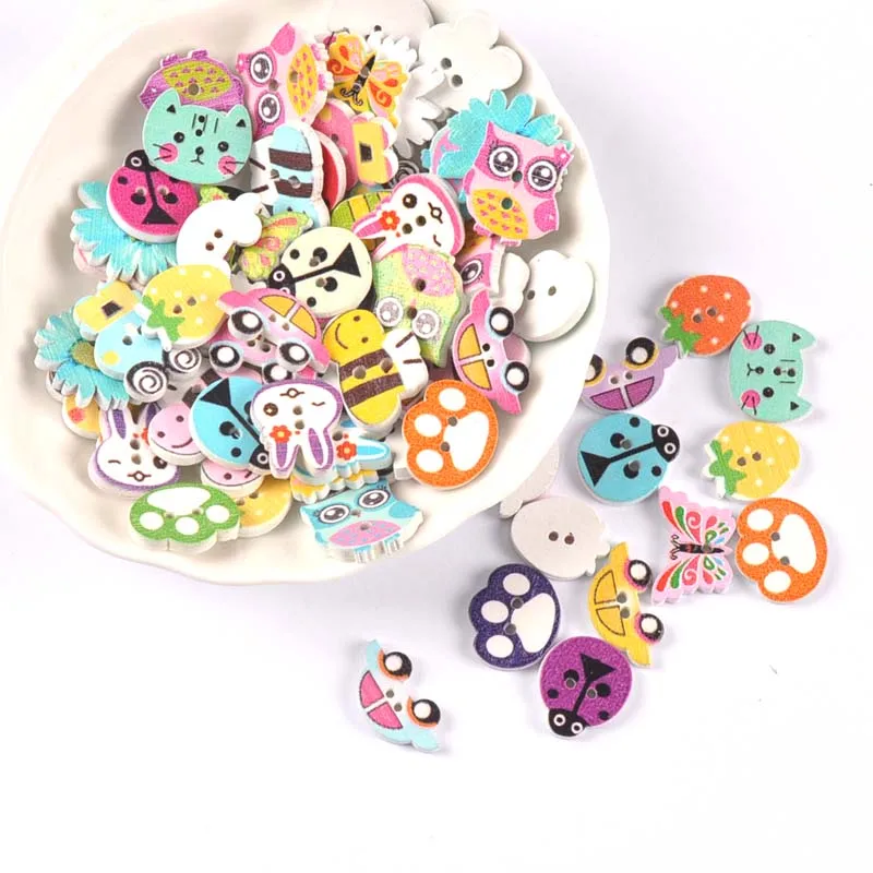 50pcs Mixed Mini Wood Animal Buttons Handmake Scrapbooking Crafts Sewing Clothing Accessories Cartoon Dog Cat Painted mt2660