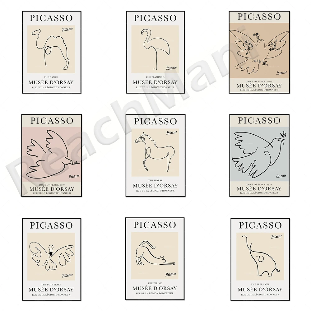 Pablo Picasso, dove of peace, camel, elephant, butterfly sketch line art printing, Pablo Picasso museum exhibition vintage poste