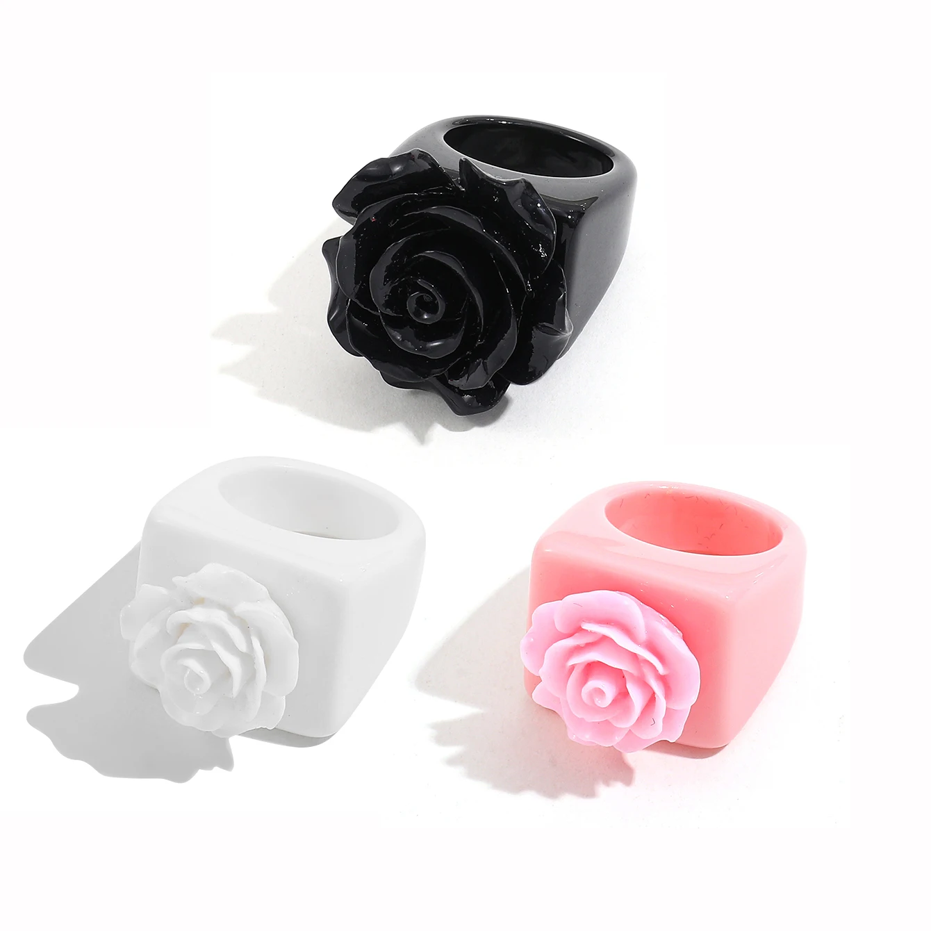 Trendy Korean Black White Pink Flower Resin Acrylic Square Ring Geometric Chunky Rings for Women Girls Fashion Jewelry Gift