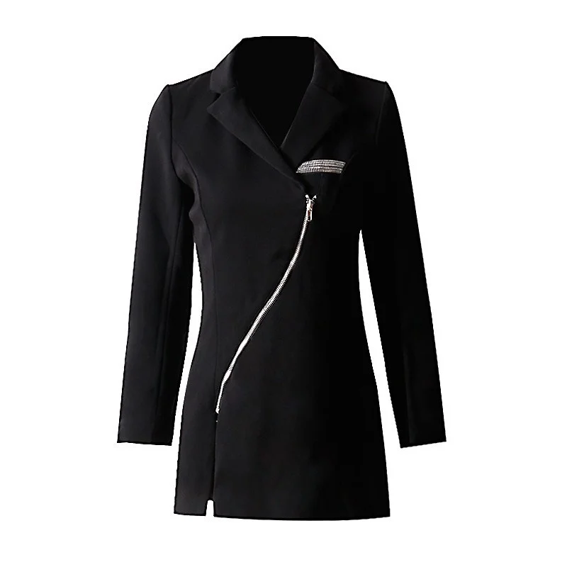 

Irregular Fashion Zipper Fly Medium Length Women Blazer Modis V-Neck Black Ladies Formal Evening Party Slim Fit Outerwear Coat