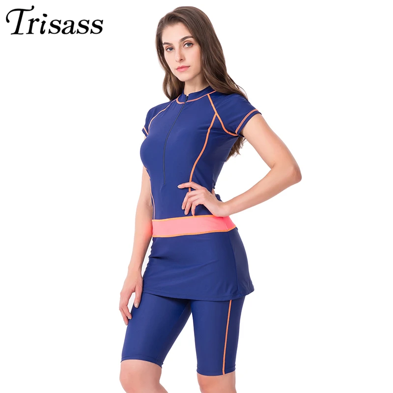 Trisass 2021 New Two Piece Skirt Swimsuit For Women Sports Surf Suit Tankini Long Pants Bathing suit With Zipper Sleeve Swimwear