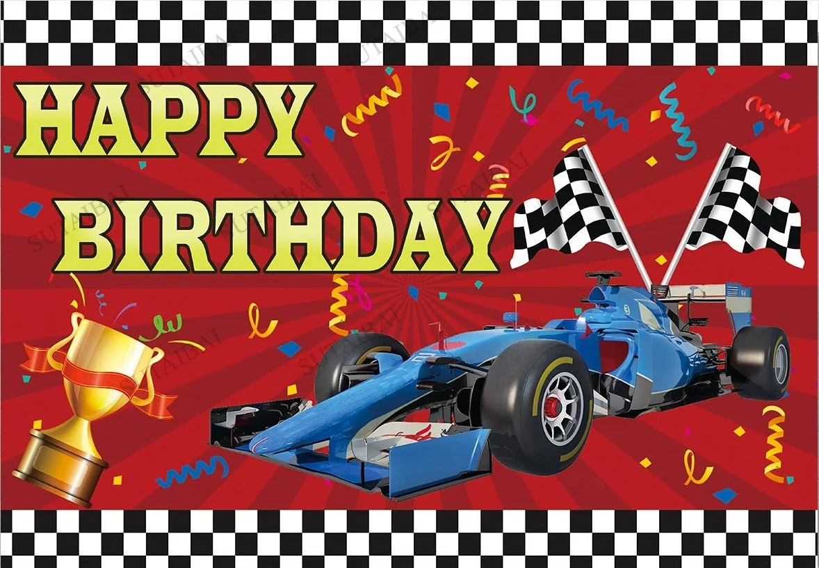 Auto buon compleanno fotografia sfondo auto da corsa trofeo bandiere a scacchi Baby Shower Party sfondo decorazioni forniture