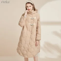 ARTKA 2021 Winter New Women Down Coat Fashion Casual 90% White Duck Down Coat Loose Horn Button Long Hooded Warm Coats ZK20015D