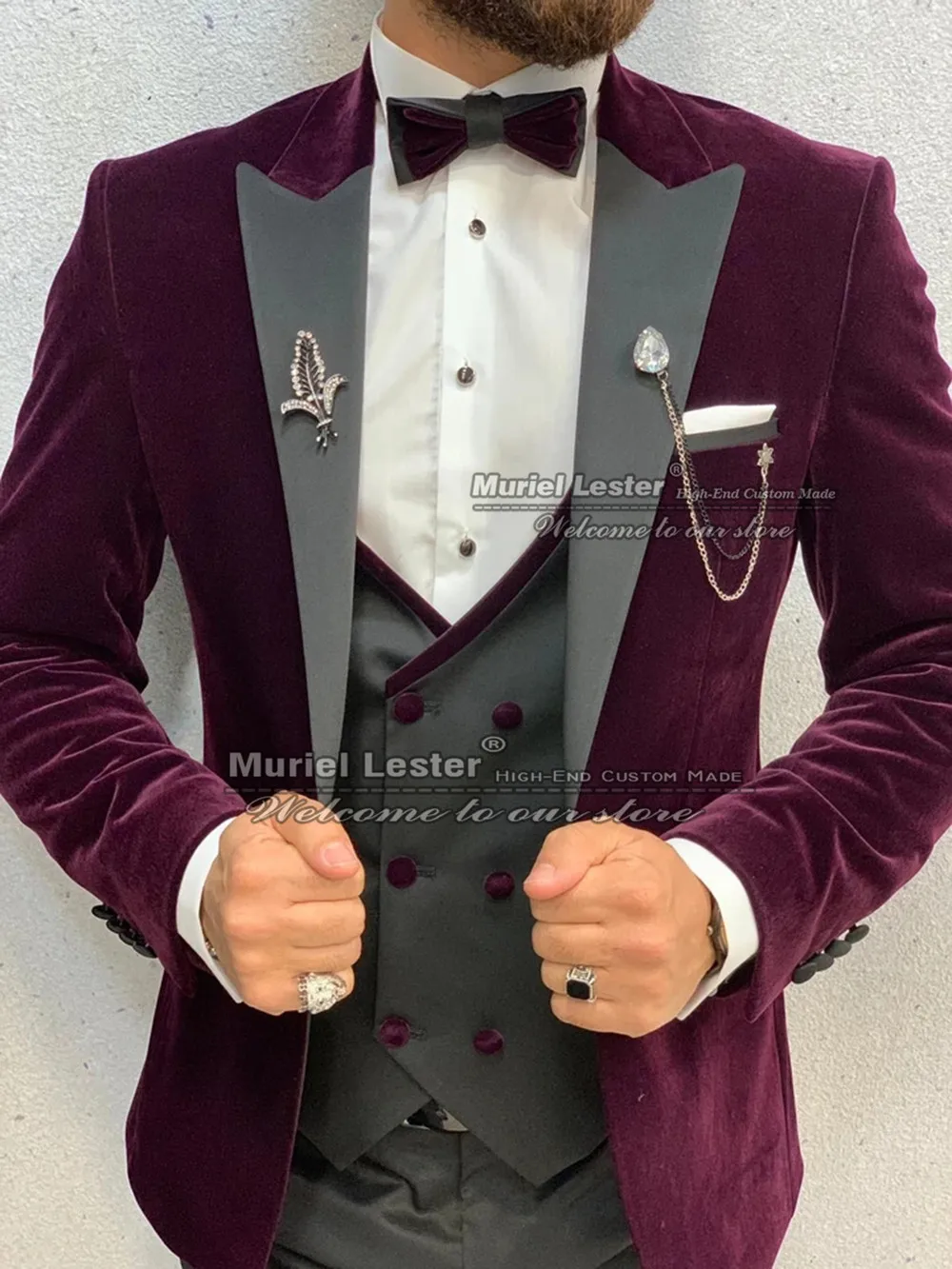 

Spring/Autumn Men Tailor-Made Suits Formal Wine Velvet Jacket With Black Notched Lapel Smoking Blazer 3 Pieces Trajes De Hombre