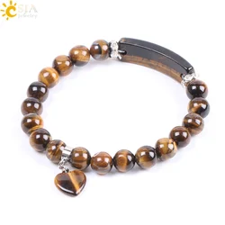 CSJA Natural Stone Beads Tiger Eye Men Strand Bracelets & Bangles Heart Shape Silver Color Fitting Women Jewelry Love F105