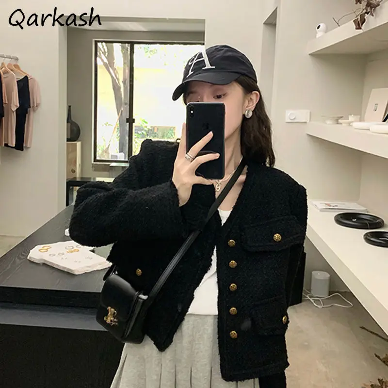 

Jackets Women Elegant Pockets Outwear Female Cropped Holiday All-match Simple Design Clothing Tender Basic Classic Ulzzang Chic