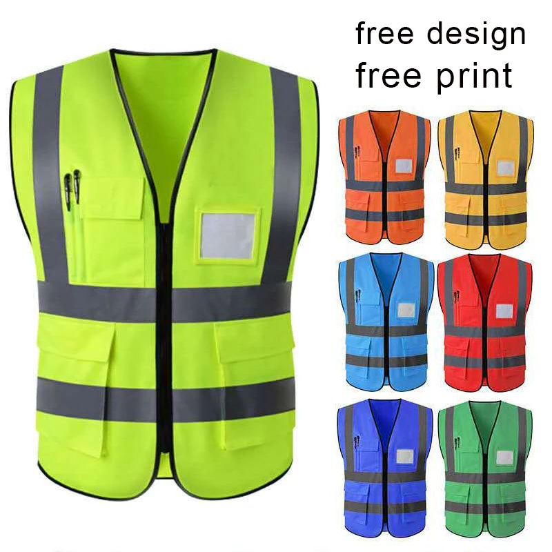 100% Polyester Fabric High Visibility Reflective Strips Multi-function Pockets Construction Traffic Control Survey Safety Vest