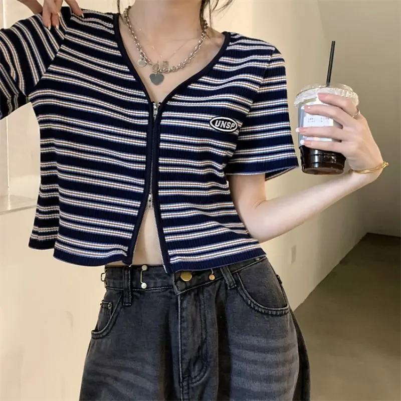 Short Sleeve Crop Top Clothes Korean V-Neck Knitting Sexy Women\'s T-shirt Summer T Shirt Striped Fashion Aesthetic Casual Navy