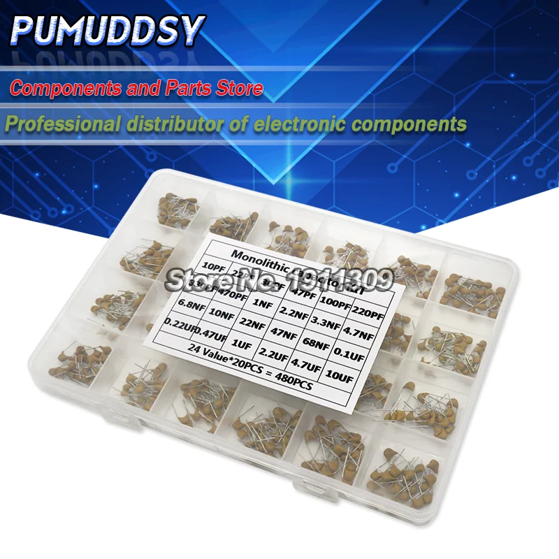 

24values*20PCS =480PCS Monolithic Ceramic Capacitor 10pF~10uF,ceramic capacitor Assorted Kit + BOX