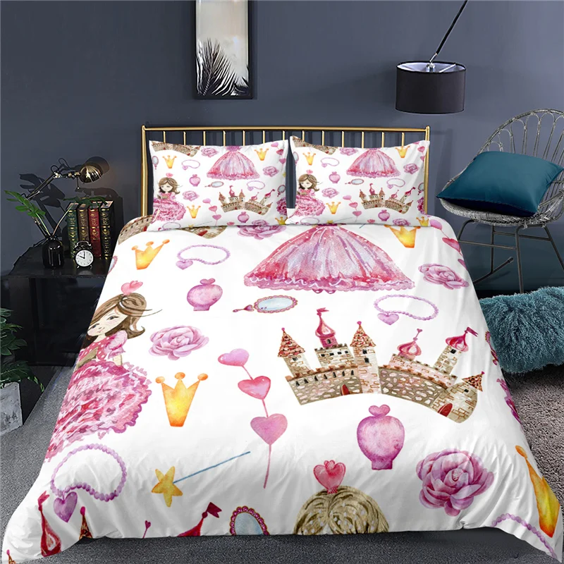 Luxury 3D Cartoon Cute Princess Castle Printed 2/3Pcs Kids Bedding Set Duvet Cover Pillowcase Home Textile Queen and King Size