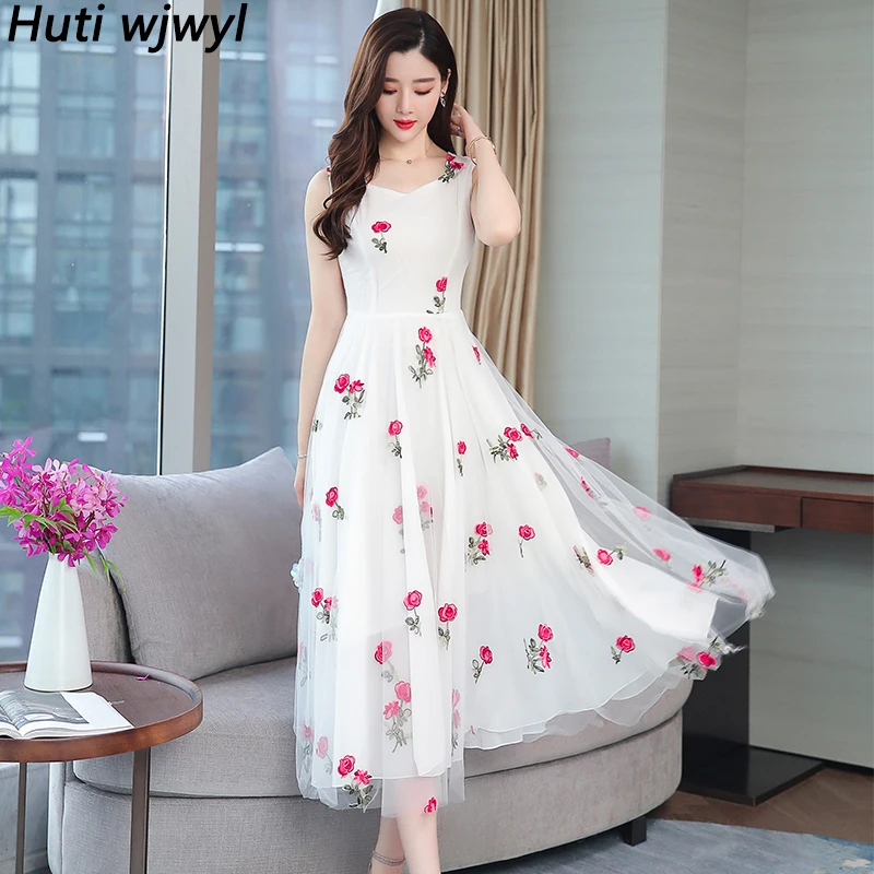 Summer New White Chiffon Boho Beach Midi Sundress 2024 Women Black Sexy Sling Dress Casual Party Bodycon Embroidery Maxi Vestido