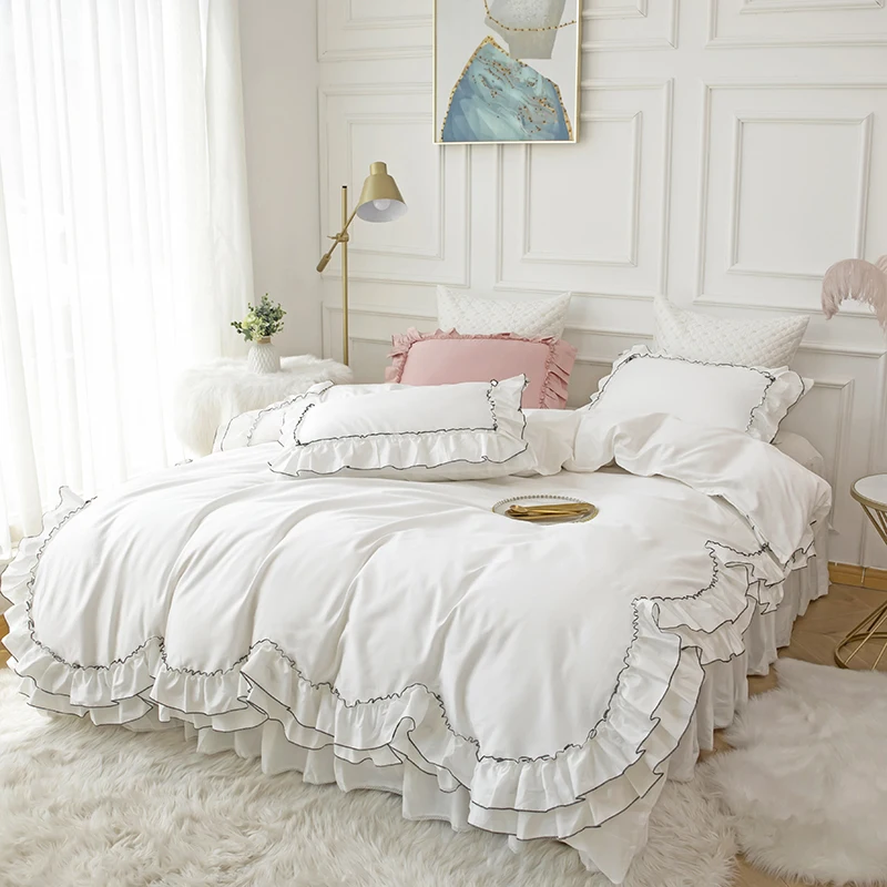 White Double Layer Ruffles Duvet Cover Set 100% Cotton Luxury Princess Bedding Set Bed Skirt Bedspread Pillowcases Solid Color