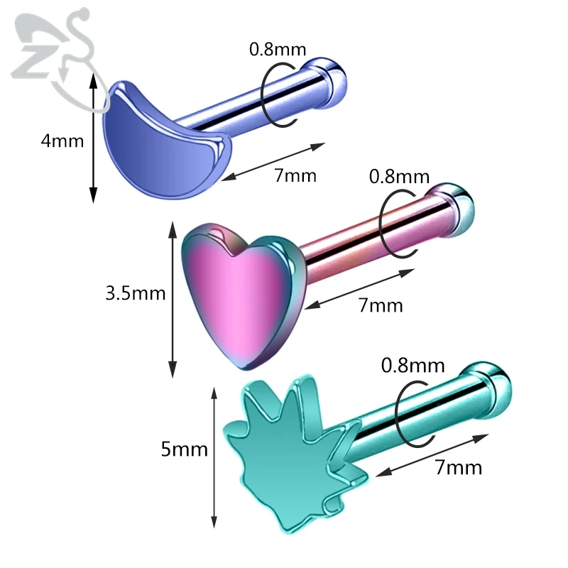 ZS 3-9pcs/lot Stainless Steel Nose Stud Set for Women Moon Heart Star Nose Piercings Black Color L Shape Nostril Piercing Jewely
