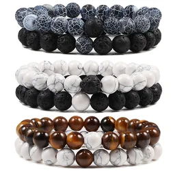 Conjunto de pulseira de pedra de lava natural preto e branco para casais, olho de tigre frisado, ioga, corda elástica, jóias para homens e mulheres