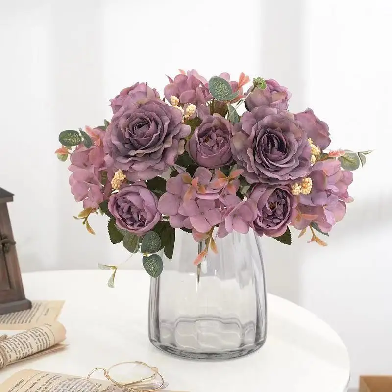 Künstliche Blumen, Retro-Seidenrosen-Blumenstrauß, Hortensien, Pfingstrosen, Vintage-Brautstrauß, künstliche Pflanzen, Dekoration für Zuhause und Hochzeiten, Accessoires. – Detail 5