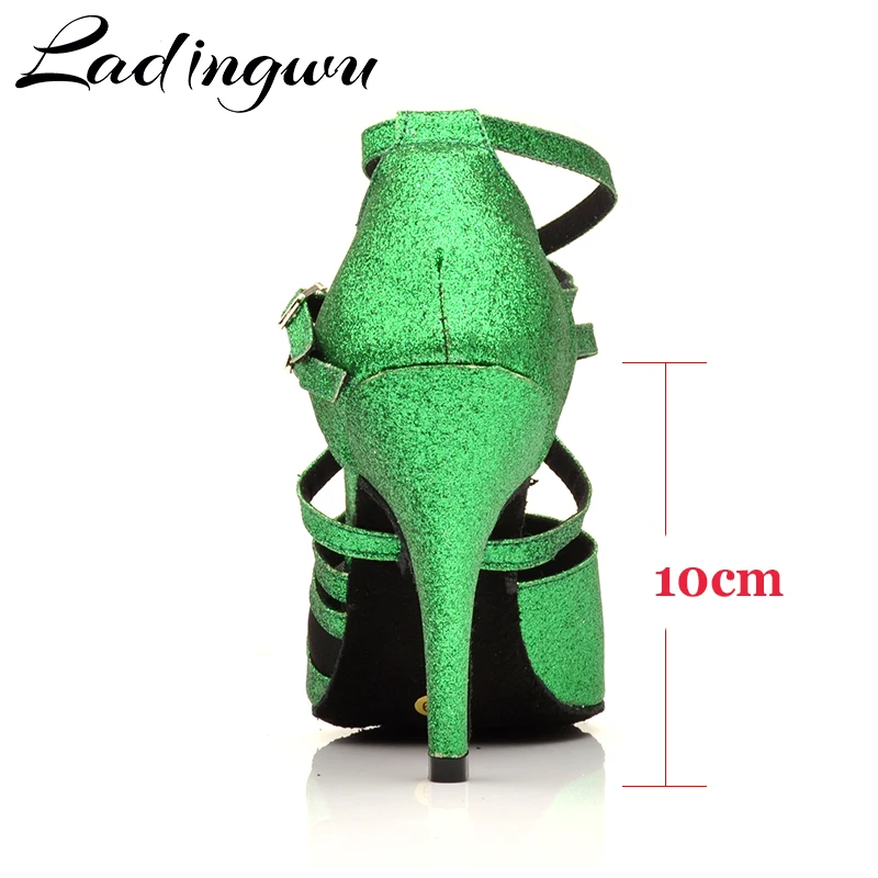 Ladingwu Latin Dance Shoes Women Profession Salsa Dance Shoes Ladys Ballroom Dance Shoes Soft Bottom Shoes Green Flash Cloth