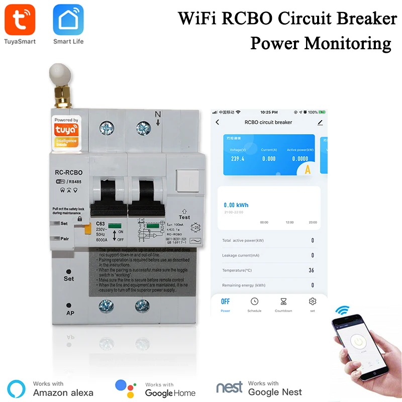 Tuya Smart Life APP RCBO Circuit Breaker with Power Monitoring 2P WiFi RCBO MCB Leakage Current  Short Circuit Protection Alexa