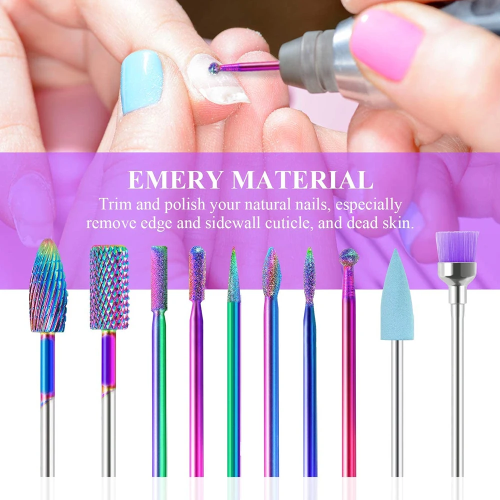 10 in 1 Nail Drill Bits Sets Electric Nail Drill Kit 3/32" Tungsten Carbide Nail Files Manicure Pedicure Set Home Salon Use