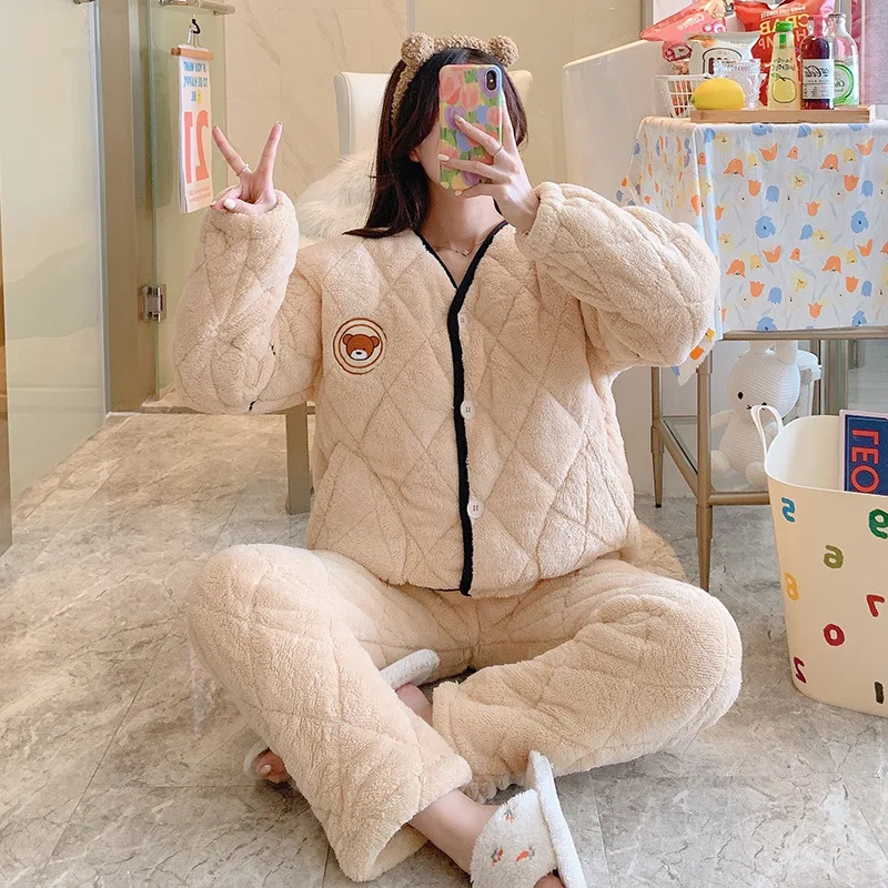 Winter New Cartoon Flannel Pajamas Women Three Layer Thick Nightwear Female Coral Velvet Sleepwear Ladies Home Clothes Keep Warm