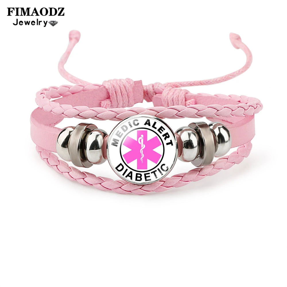 FIMAODZ Type 1 2 Diabetes Emergency Medical Alert Bracelet Diabetic Health Care Glass Gem Woven Bracelets Wristband Nurse Gift