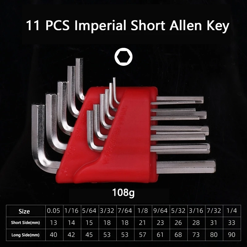 Bộ 11 Bộ Chìa Lục Giác 0.05 "- 1/4" Inch & 1.27Mm-6Mm Hệ Mét SAE Kích Thước allen Cờ Lê Crôm Vanadi Thép Không Gỉ Tay Ngắn Dụng Cụ