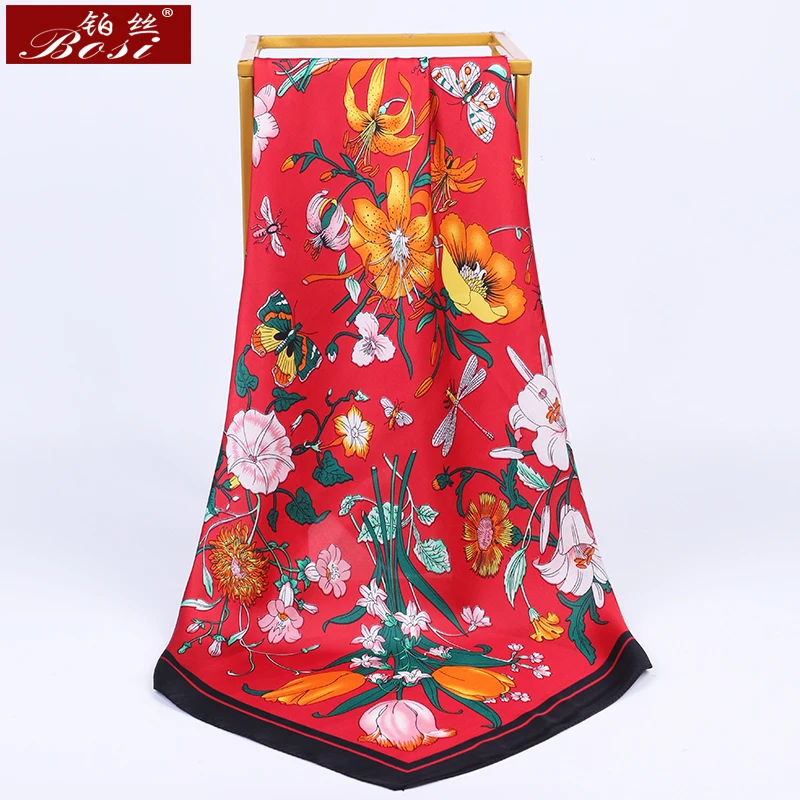 BOSI New Fashion Silk Satin Scarf Shawl Spring Elegant Plant Flowers Luxury Brand Square Scarves Muslim Women Head Neck Scarf