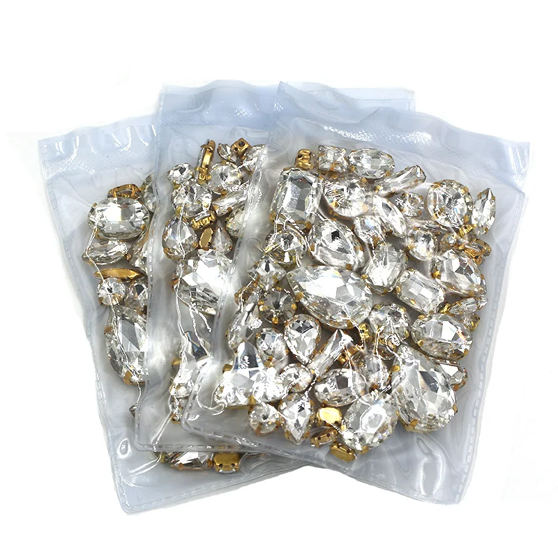 New arrival Wholesale 5 bags mixed shape sew on glass crystal White  rhinestones gold base for clothing/dress