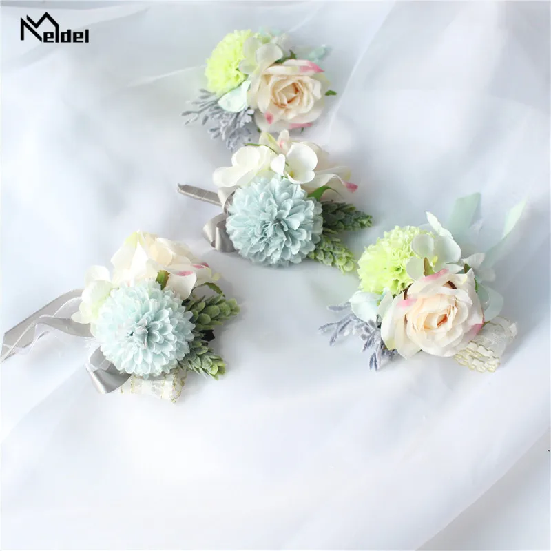 Meldel – Bracelet de Mariage en soie à fleurs, pour demoiselle d'honneur et marié, broches de boutonnière, accessoires de Mariage pour hommes