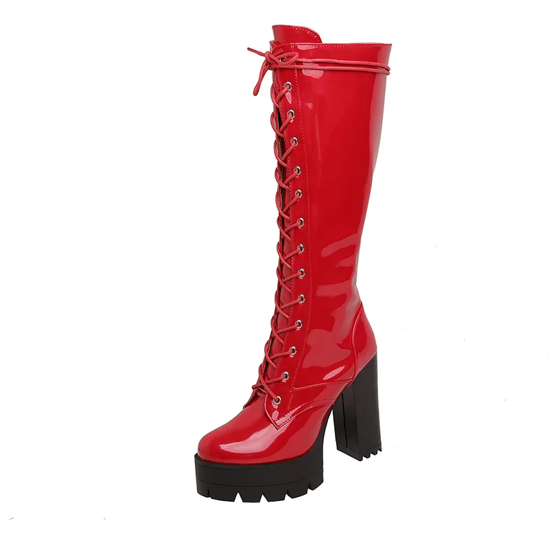 Gdgydh Patent Leder Weiß Kniehohe Stiefel Schnüren Damen Plattform Stiefel High Heels Mode Nachtclub Party Schuhe Großhandel 5