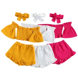 2021-02-27 Lioraitiin 3Pcs Set 1-6Years Toddler Baby Girl Summer Fashion Clothing Long Sleeve Solid Top Shirt Shorts Headband