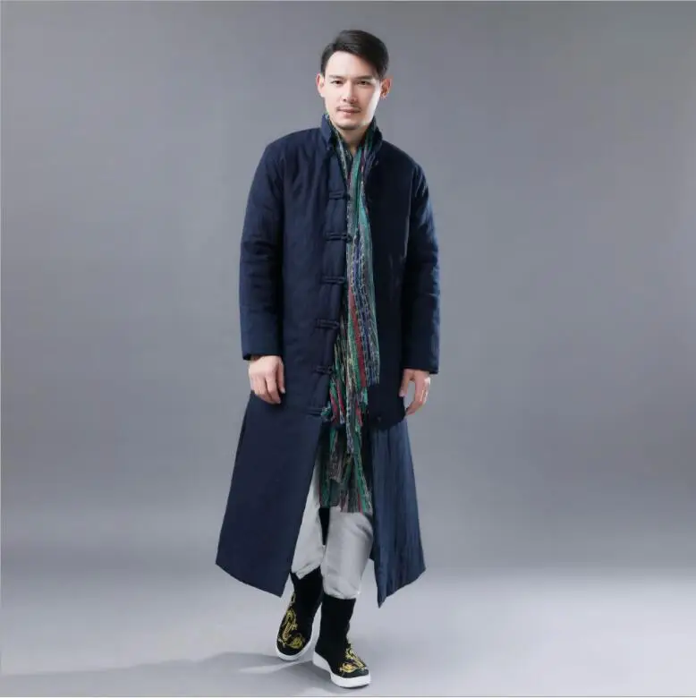 Winter verlengd katoen Lange kleding Chinese retro Nationale Stijl Heren katoen gewatteerd Gewaad effen kleur vrijetijdsbesteding opstaande kraag Gewaad