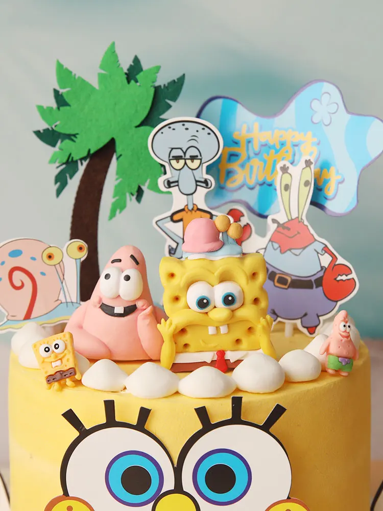 Yellow Sponge Baby Theme Cake Toppers for Birthday Party Cartoon Baby Shower First Birthday Cake Decoration Supplies Gifts Toy