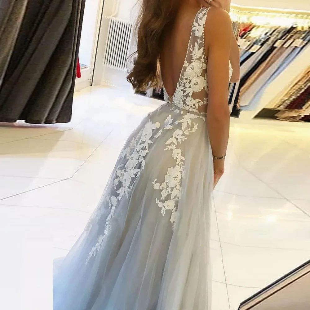 2022 argento scollo a V lunghi abiti da sera formali Dubai arabo Sexy Backless Lace Appliques Prom Party Gowns Robe De Soiree