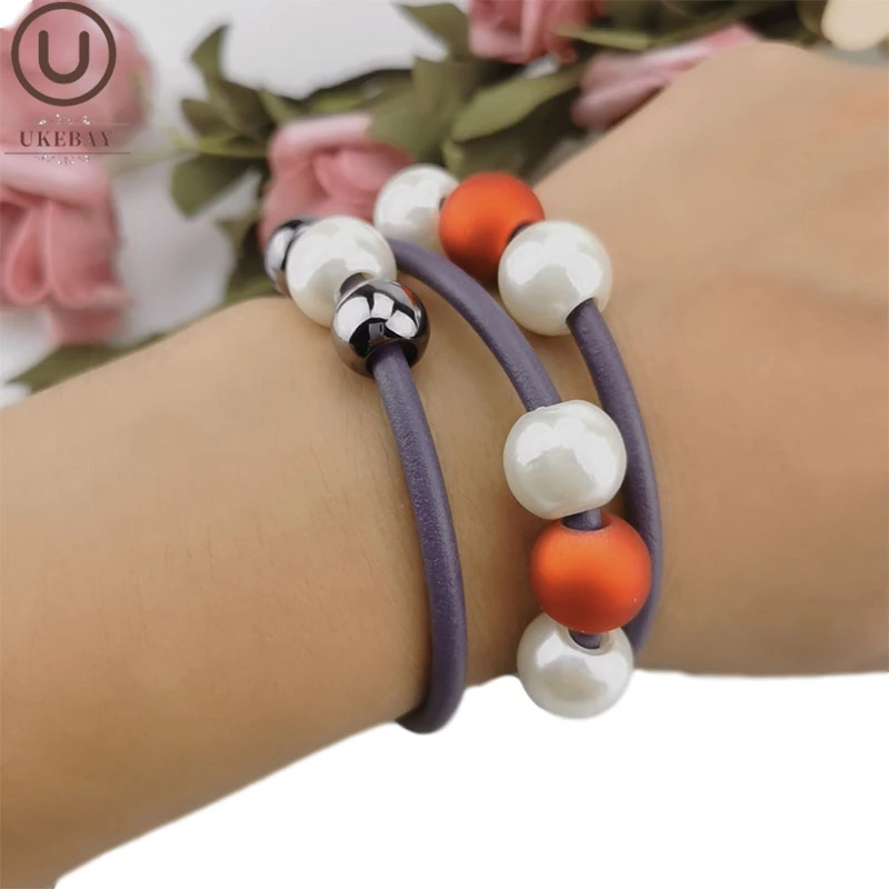 UKEBAY New Purple Rubber Bracelets Women Charm Pearl Bangles 6 Colors Handmade Gift Bracelet Classic Jewelry  Elasticity Chains